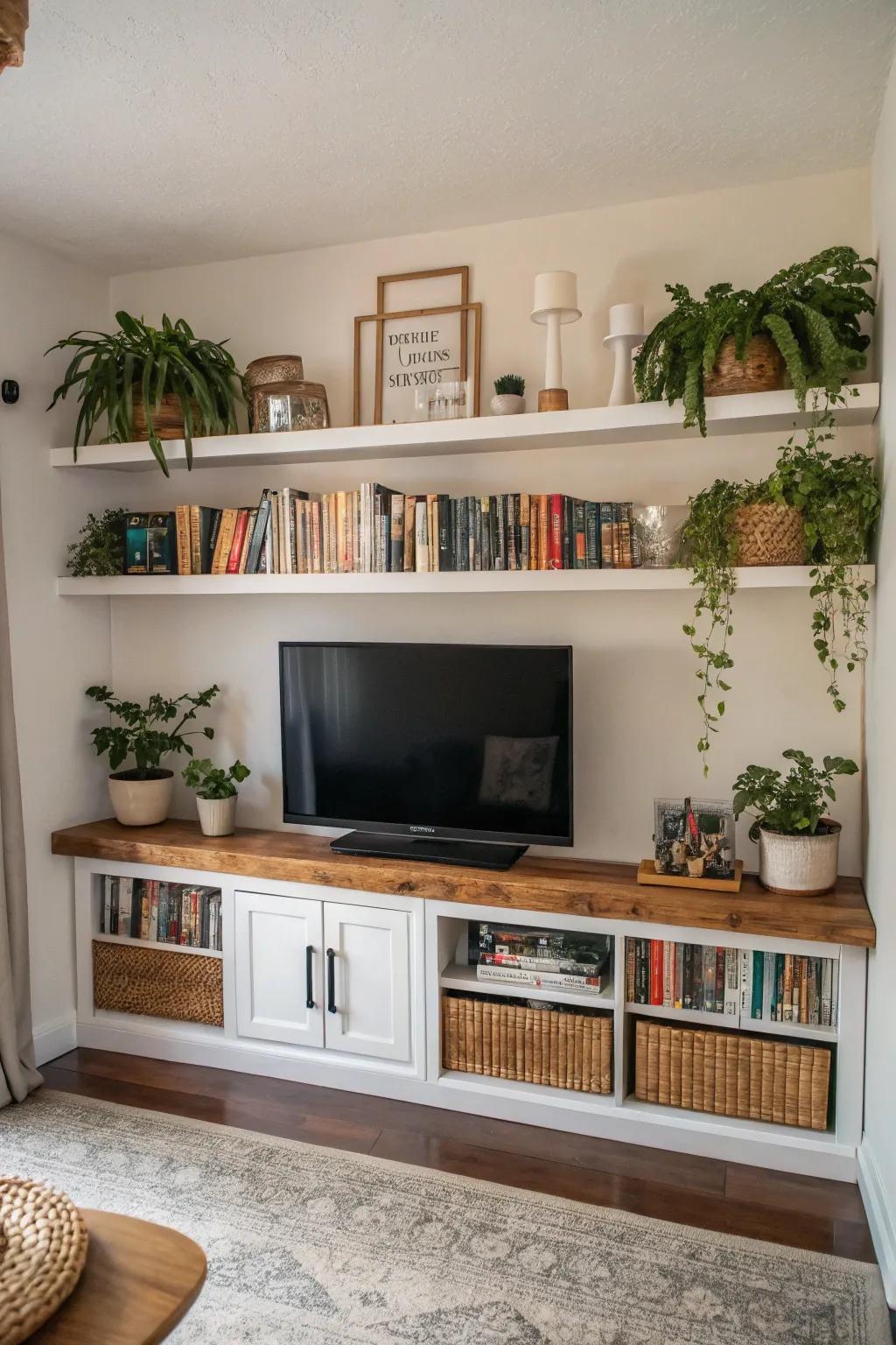 Floating shelves offer practical and stylish TV decor.