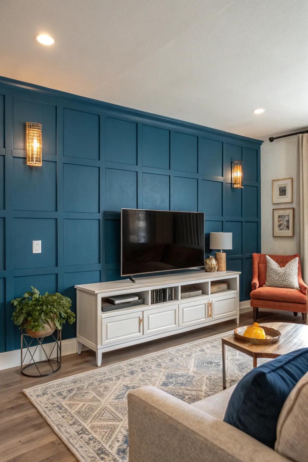 A statement accent wall enhances the TV area as a dominant feature.
