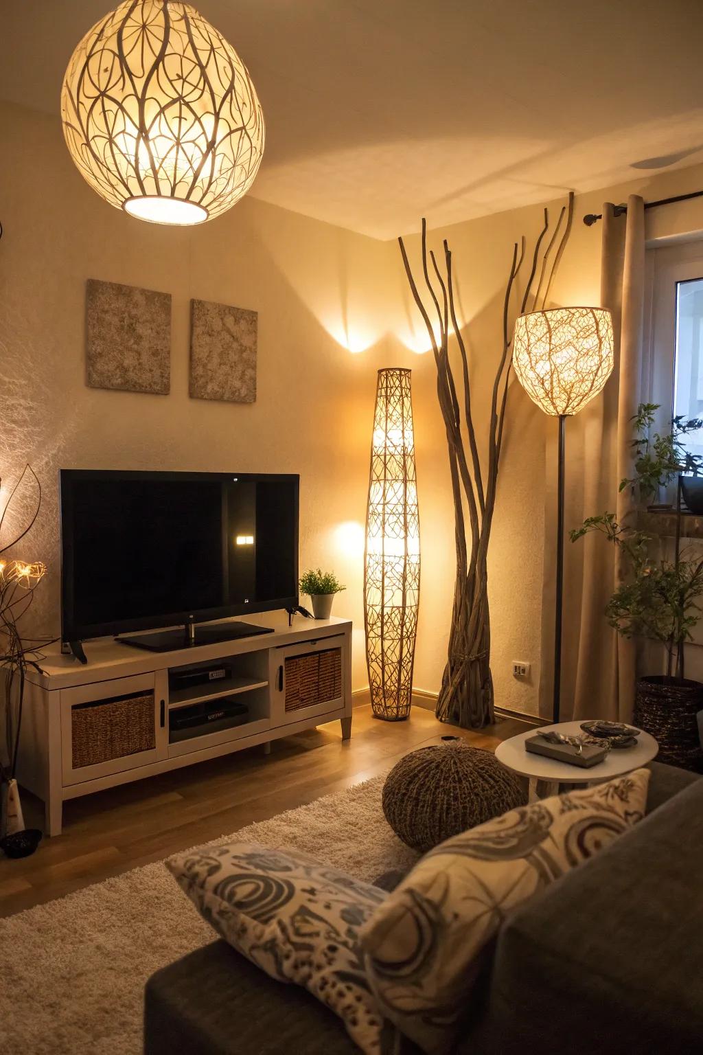 Creative lighting solutions boost ambiance around the TV setup.