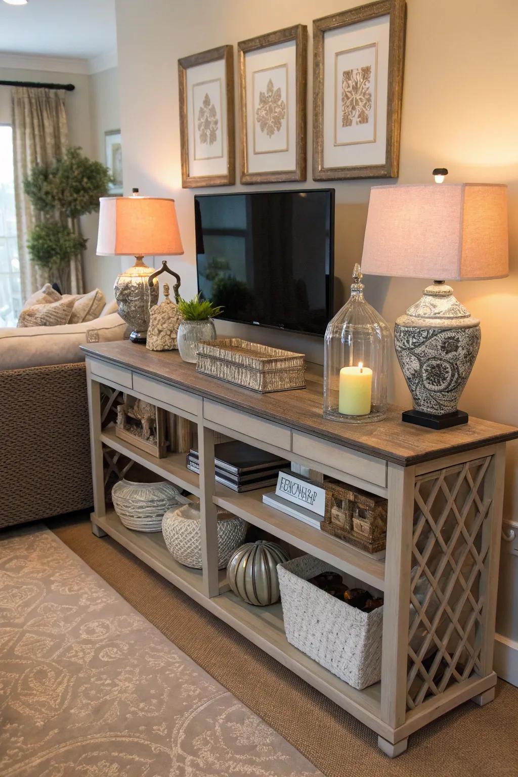 Console tables offer utility and style beneath TVs.