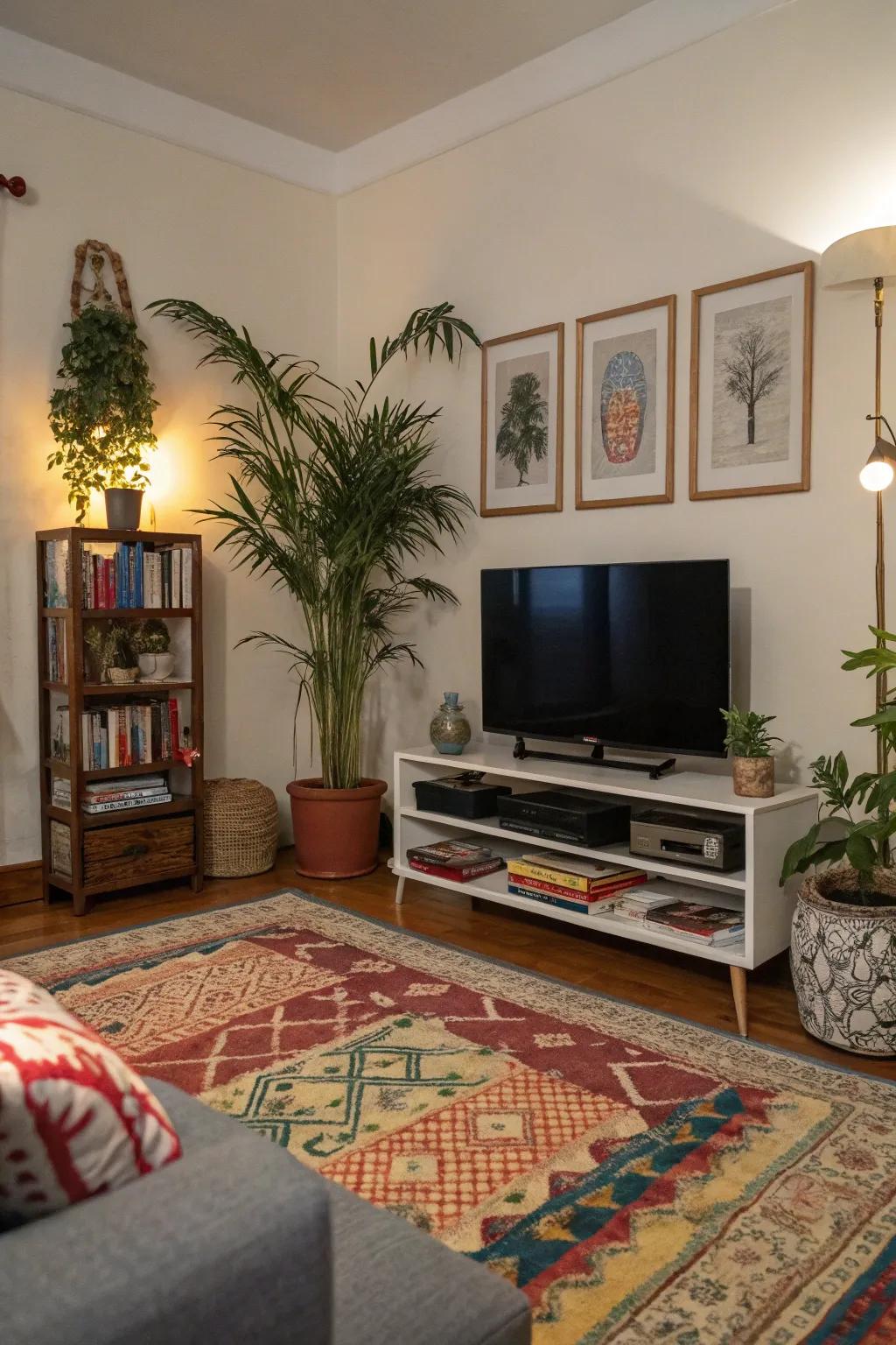 Asymmetrical arrangement adds character and energy around the TV.