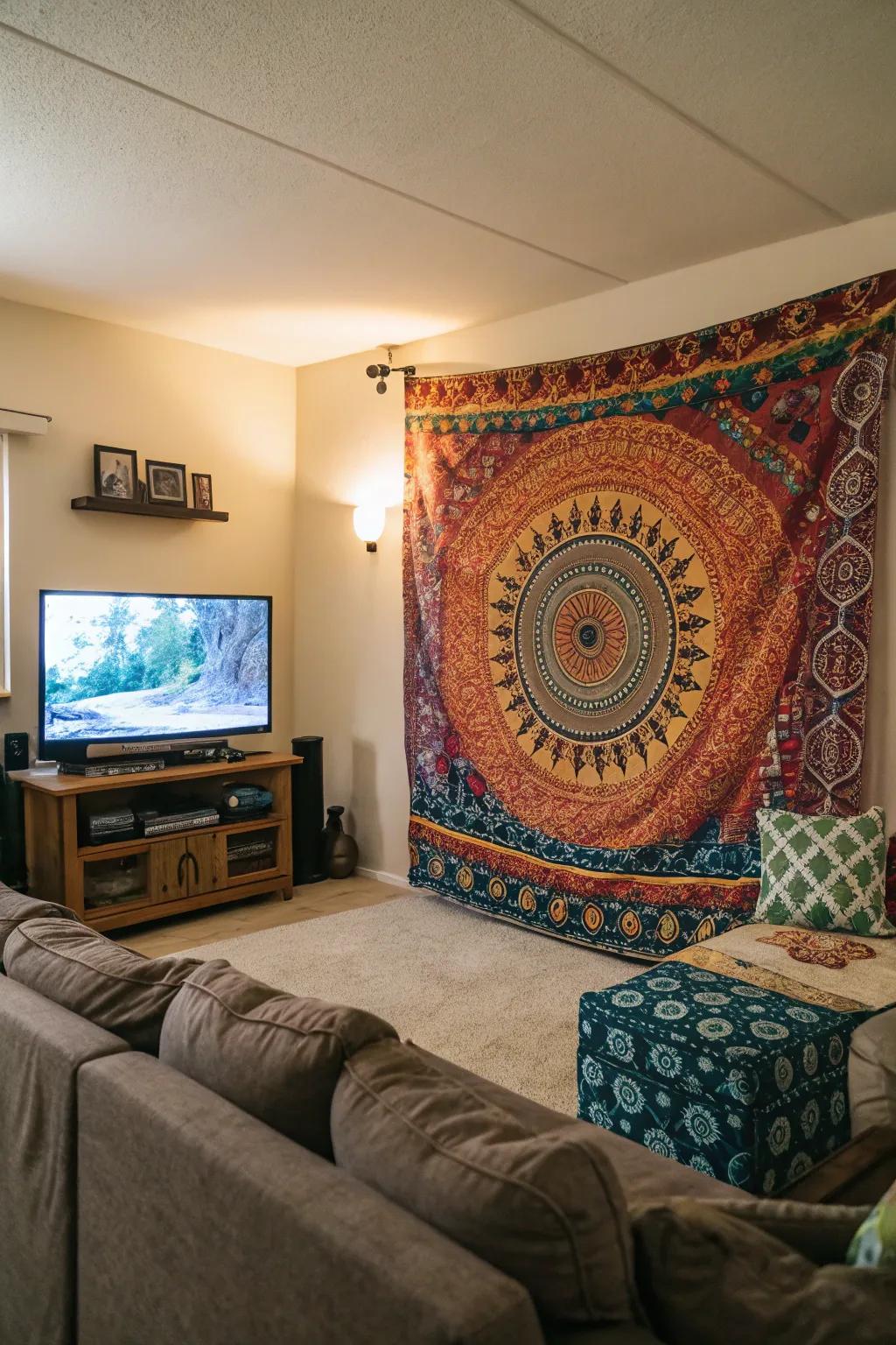 A colorful tapestry adds playful texture near the TV.