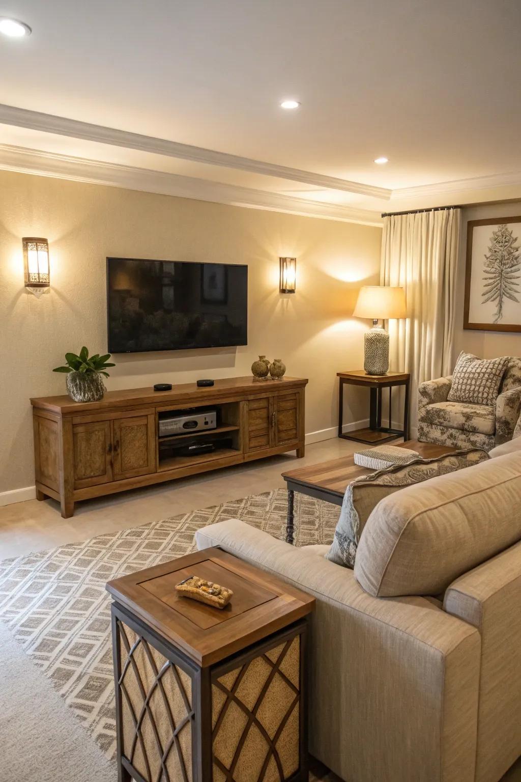 Neutral tones provide a peaceful foundation around the television.