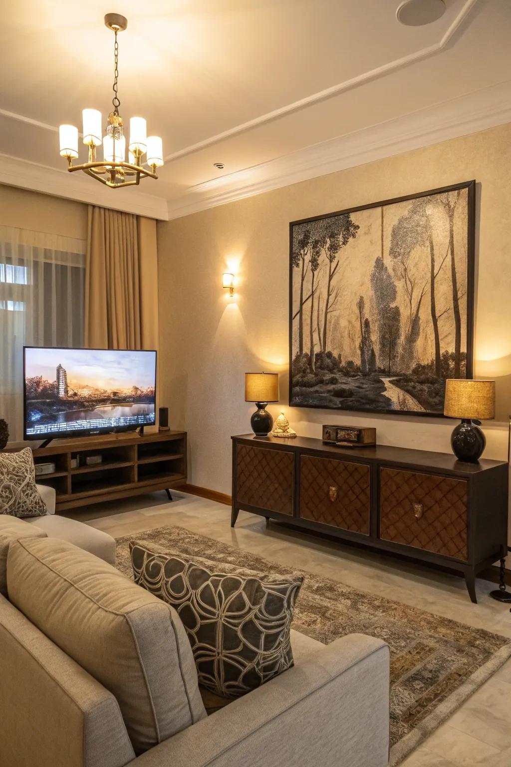 Large-scale art pieces set a bold stage for the TV.