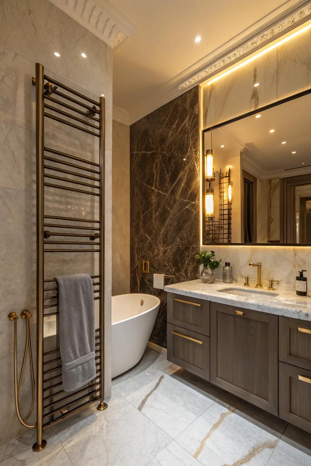 An elegant bathroom with a heated towel rail, adding a touch of luxury and warmth.