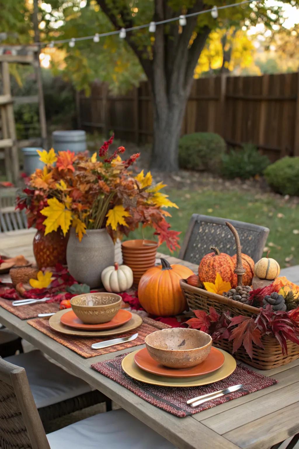 Outdoor table elegantly decorated with autumn-inspired items.