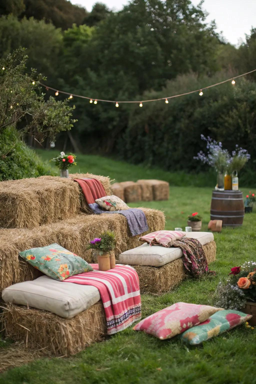 Hay bale seating accented with soft cushions and throws.