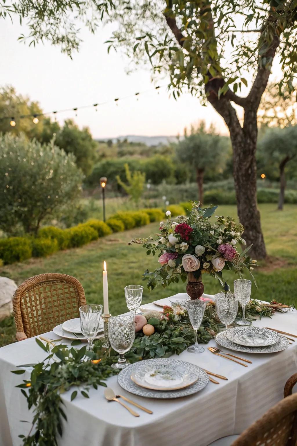 Outdoor table set amidst lush greenery.
