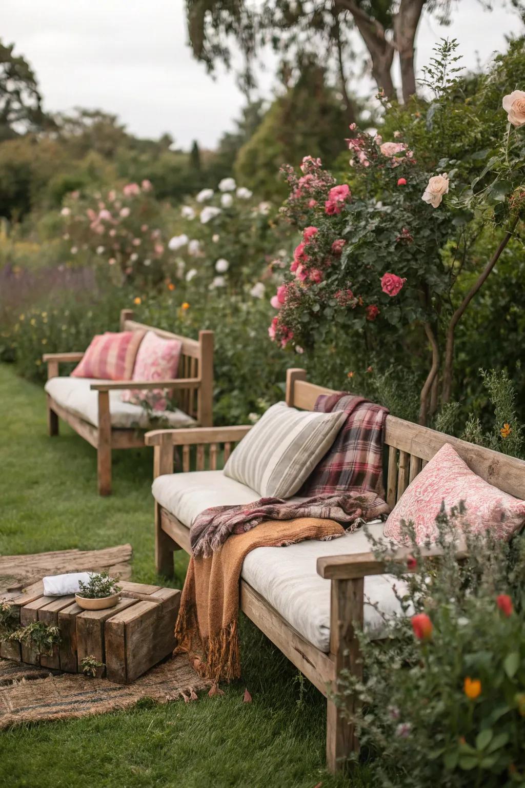 Outdoor rustic seating with cozy cushions and blankets.
