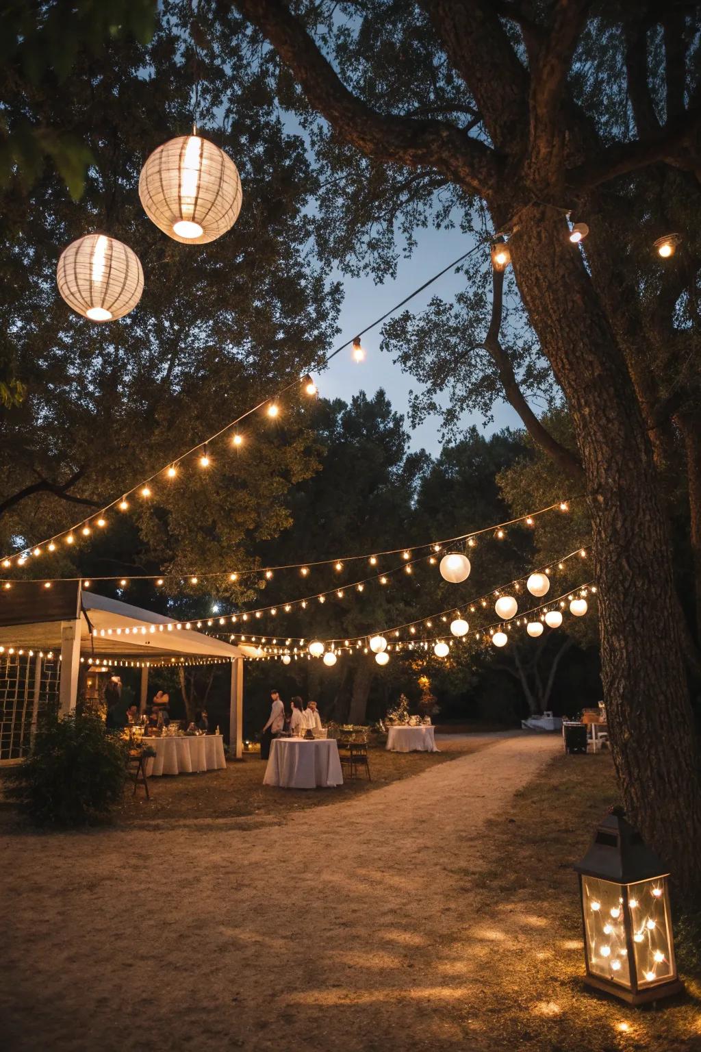 Lanterns and string lights create a warm outdoor setting.