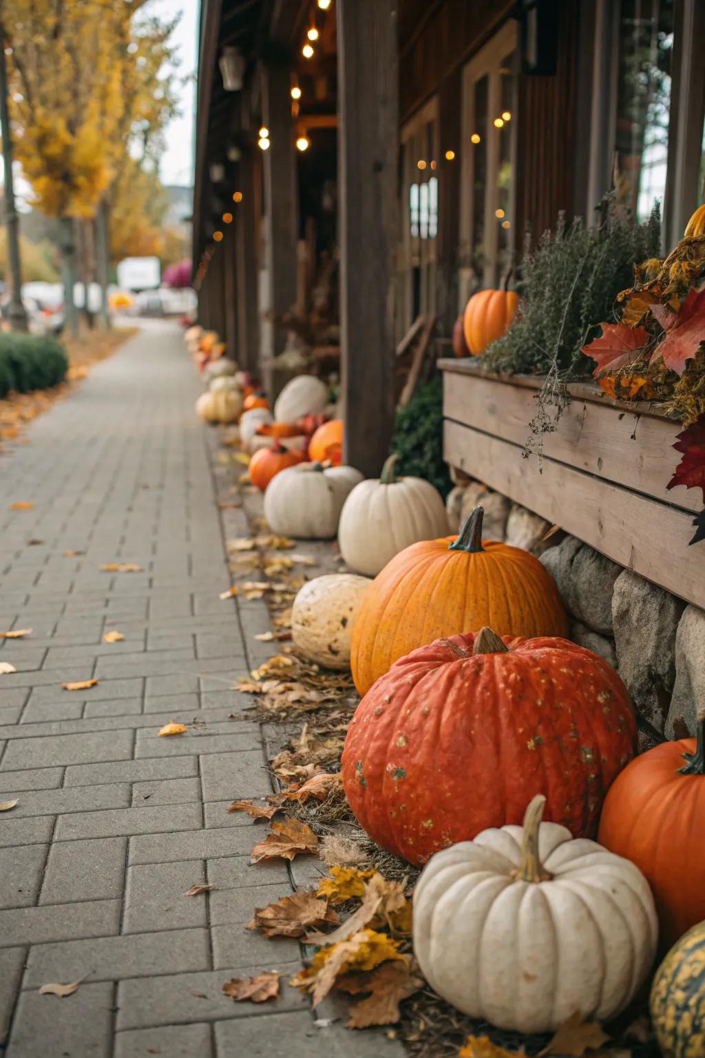 Walkway lined with assorted pumpkins and soft lighting.