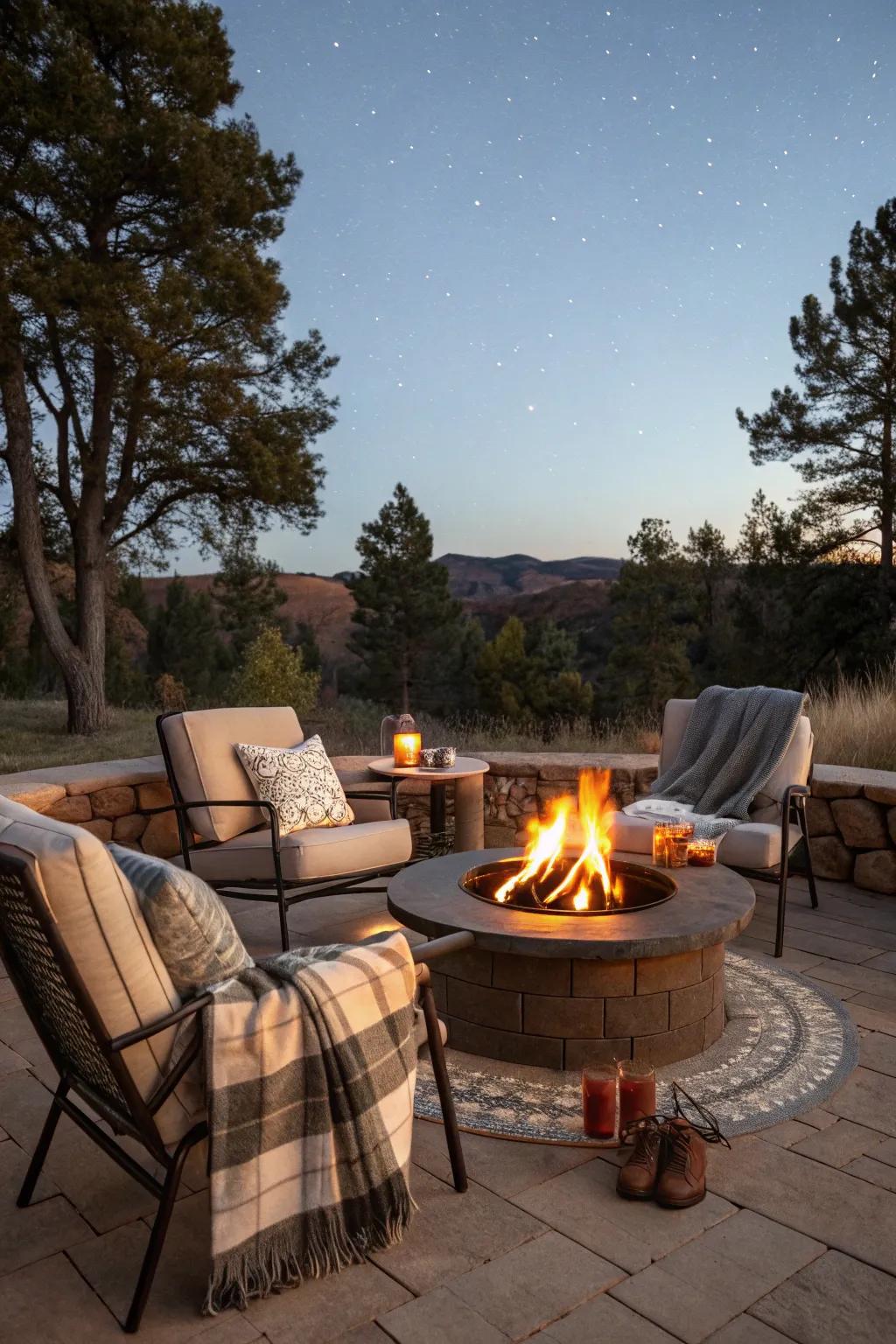 Fire pit surrounded by outdoor seating and warm throws.