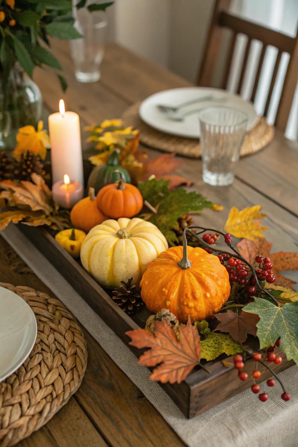 Table decorated with pumpkins, gourds, and autumn leaves.
