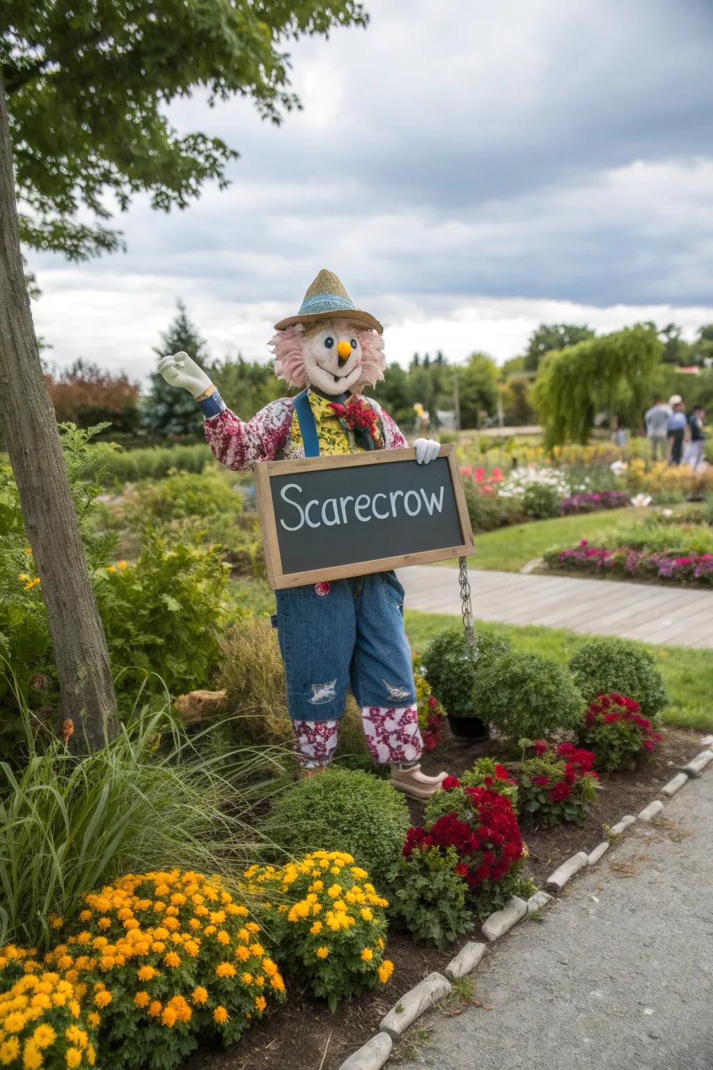 Playful scarecrow nook inviting guests to leave thankful notes.
