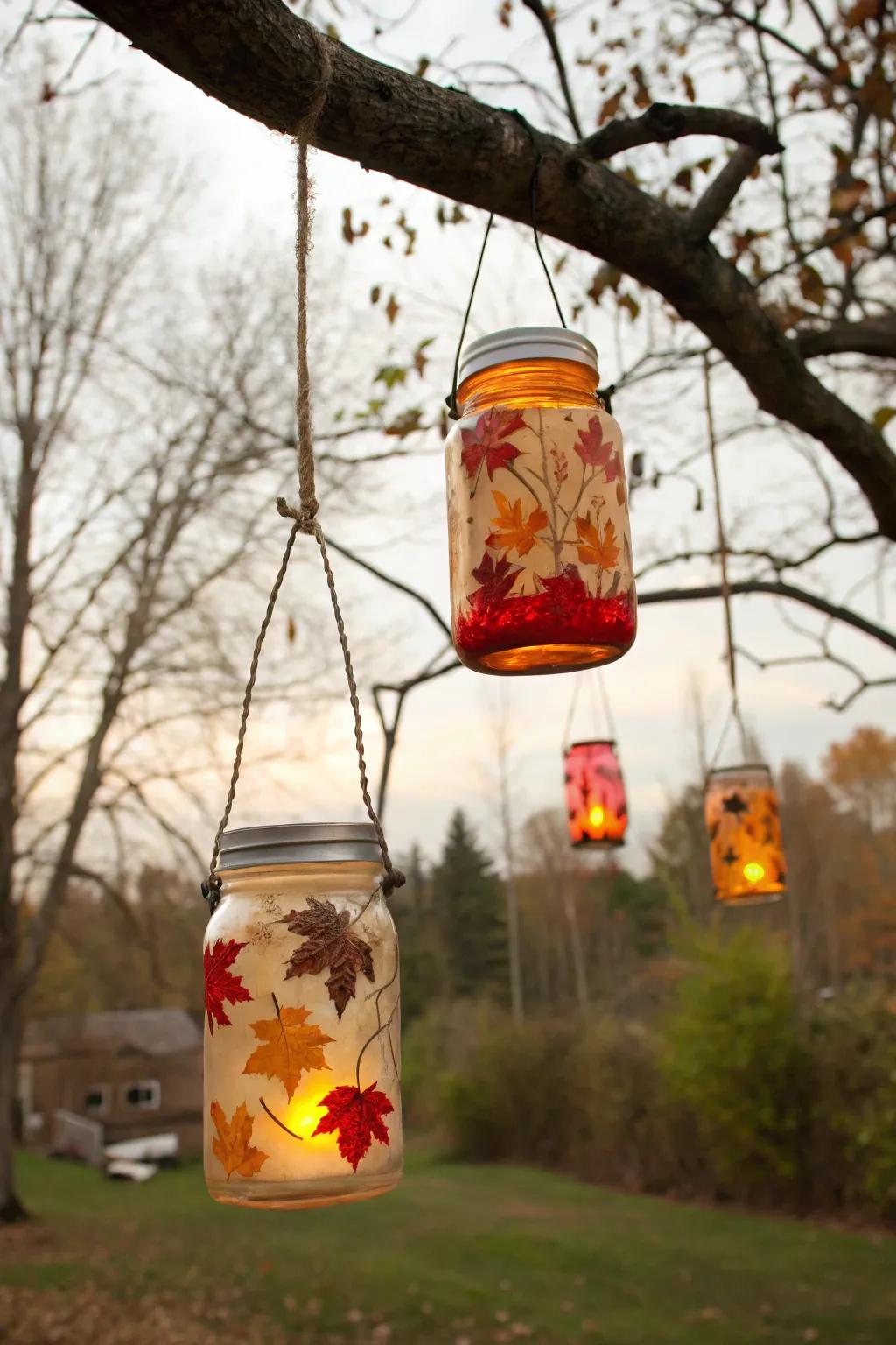 Mason jar lanterns glowing invitingly outdoors.