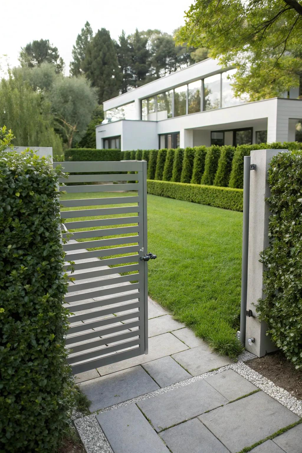 Horizontal slat gates offer sleek privacy and modern charm.
