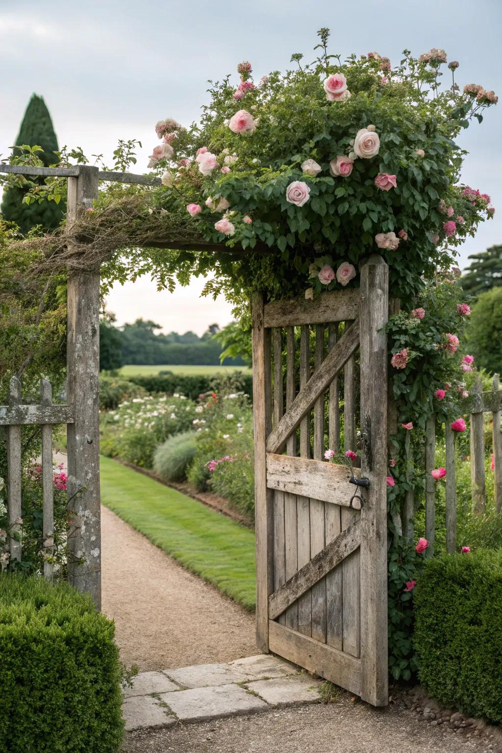 Rustic wooden gate adorned with climbing roses for a charming entrance.