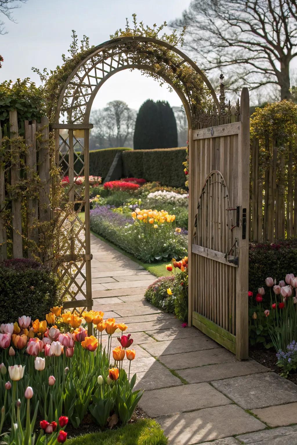 Archway garden gate frames a stunning garden welcome.