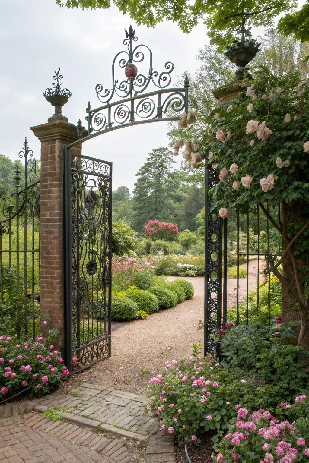 Garden gate featuring decorative accents for added elegance.