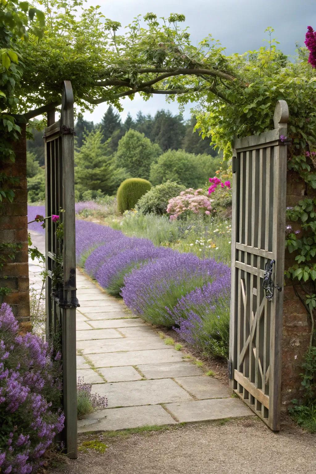 Garden gate opening to a delightful lavender-lined path.