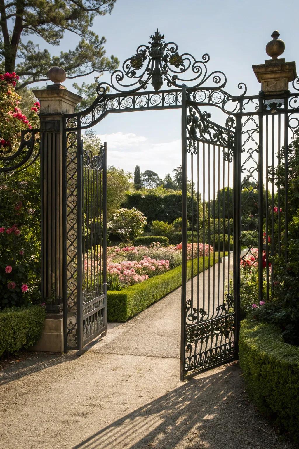 Intricately designed wrought iron gate enhances garden elegance.