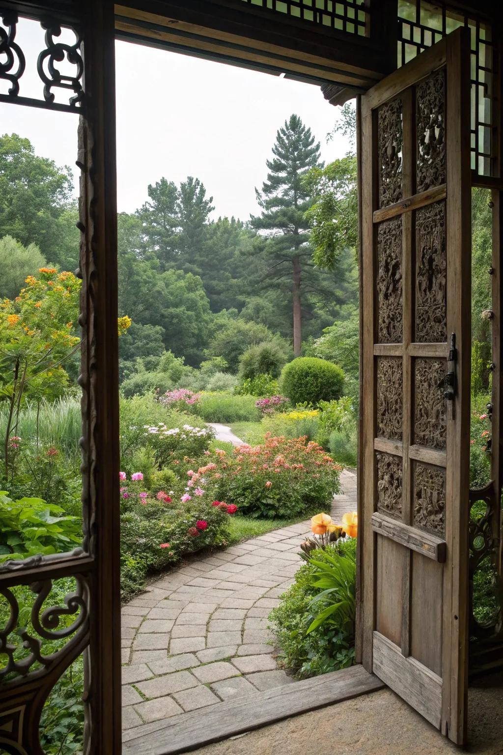 Windowed garden gate offers a preview of the garden beyond.