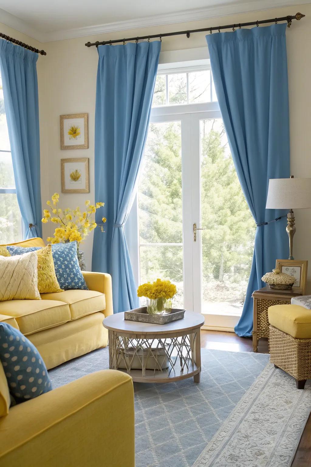 Yellow accessories energize the room by offering a delightful contrast against blue curtains.