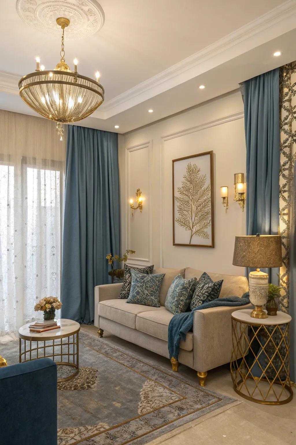 Gold and silver accents paired with blue curtains give a sophisticated and luxe feel.