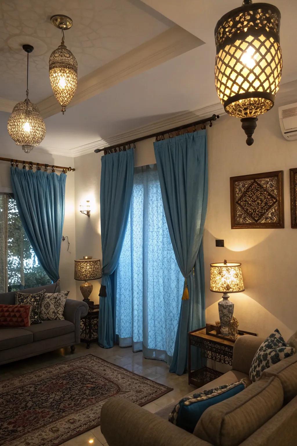 Various lighting styles alter how blue curtains enhance the room’s ambiance.