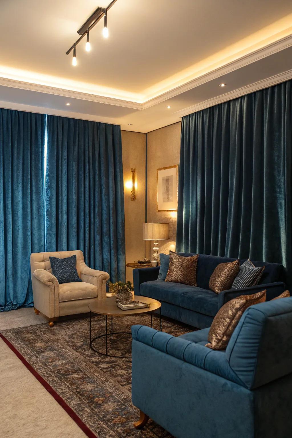Velvet and silk textures paired with blue curtains give the living room a lavish sophistication.