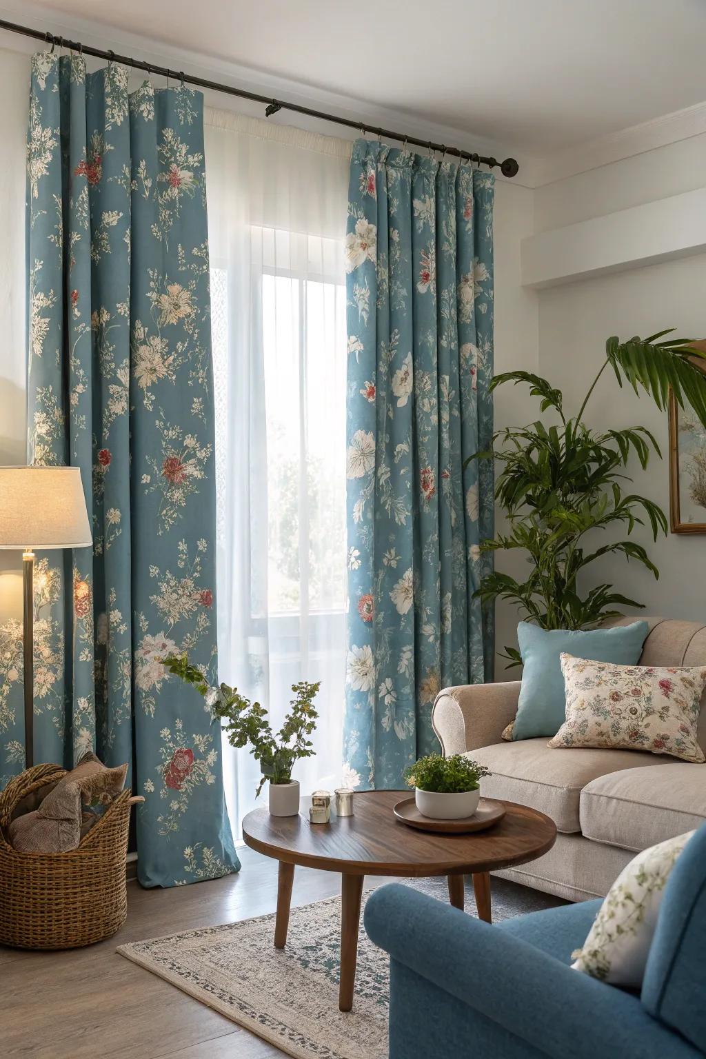 Blue curtains with floral prints add a whimsical and refreshing vibe to any living room.