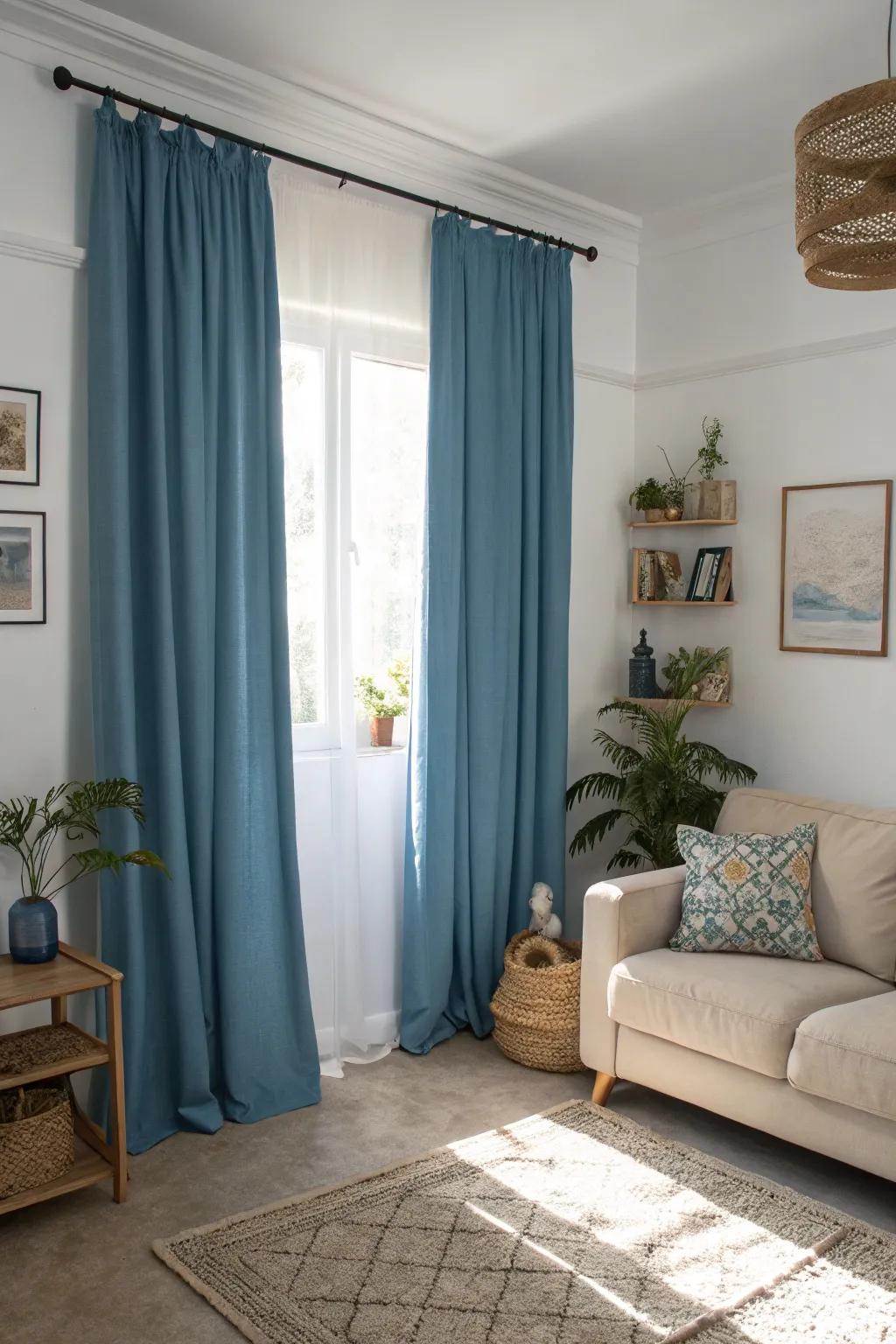 Neutral interiors harmonize with blue curtains, providing an elegant and peaceful environment.