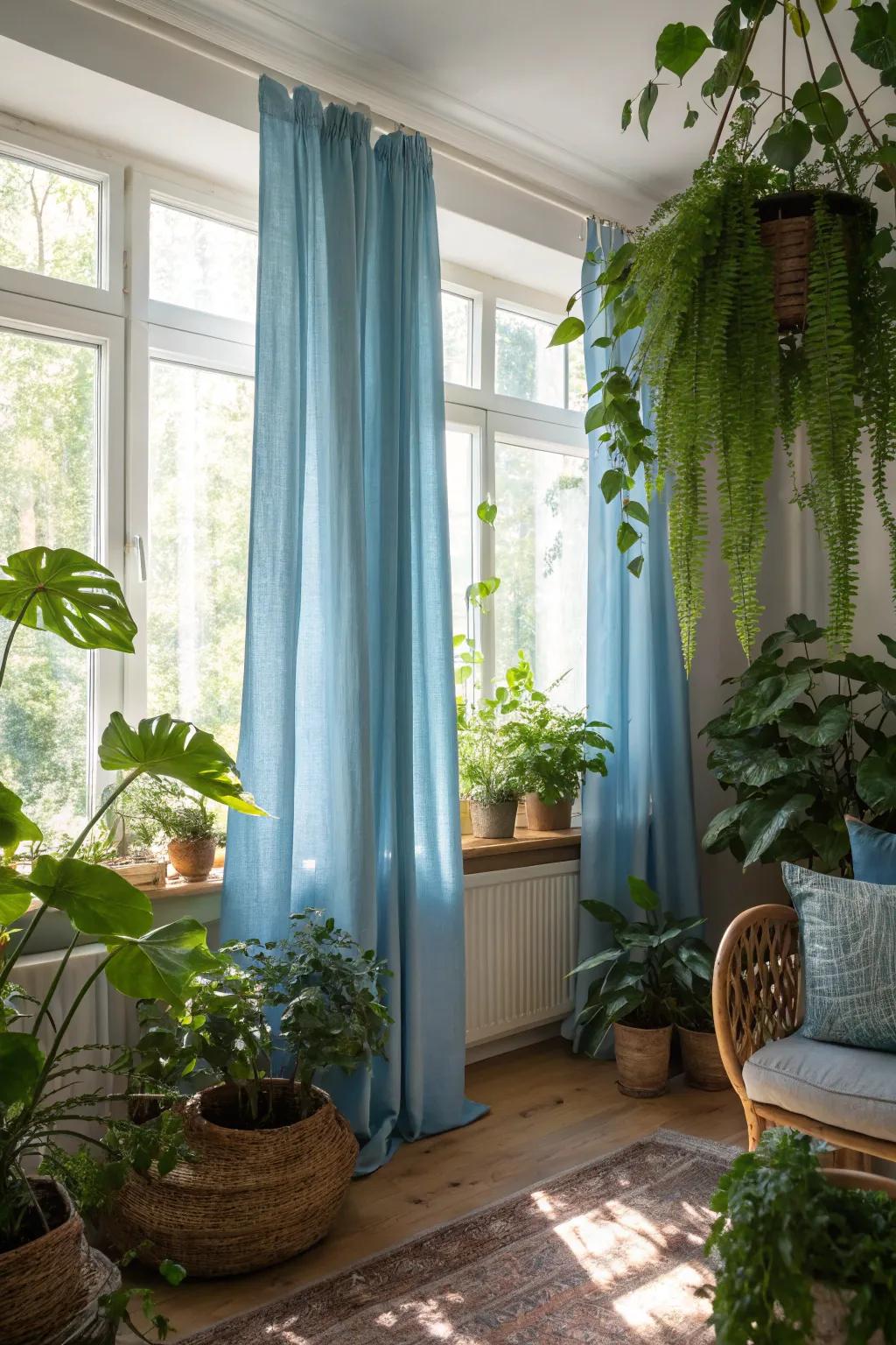 Green plants paired with blue curtains enliven and freshen the living room setting.