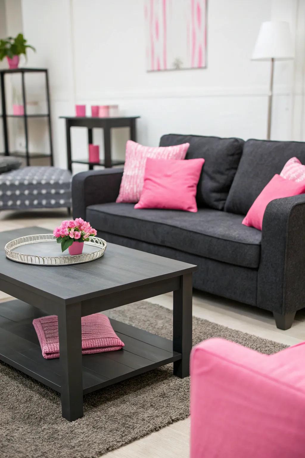 Minimalist style accented with pink highlights.