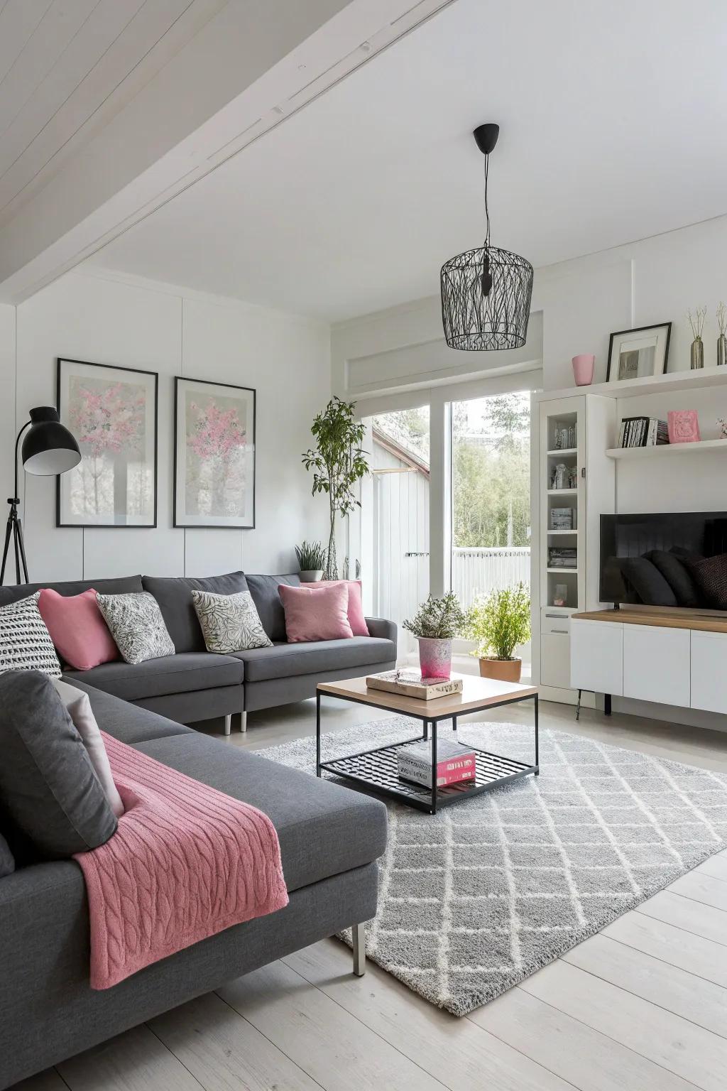 Serene Scandinavian design highlighted by pink accents.