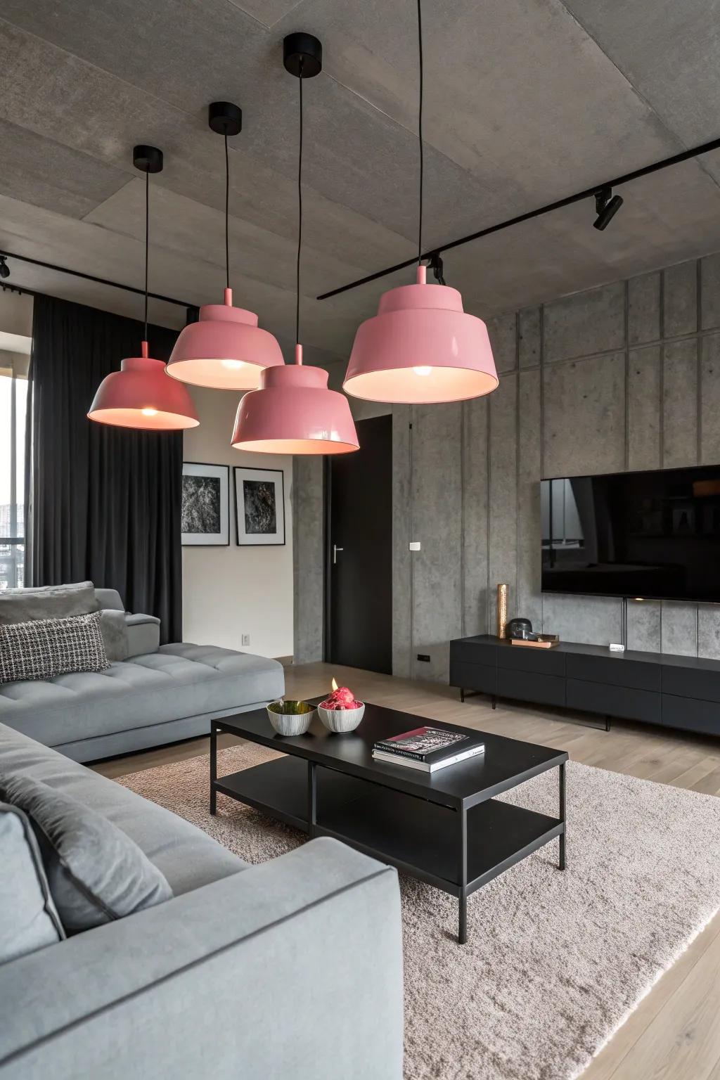 Chic pendant lighting with a pink glow highlights the room.