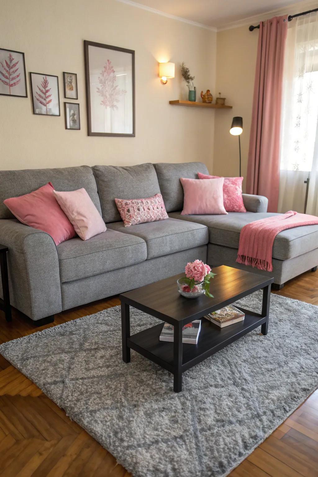 Grey sectional and pink cushions blend cozy and chic.