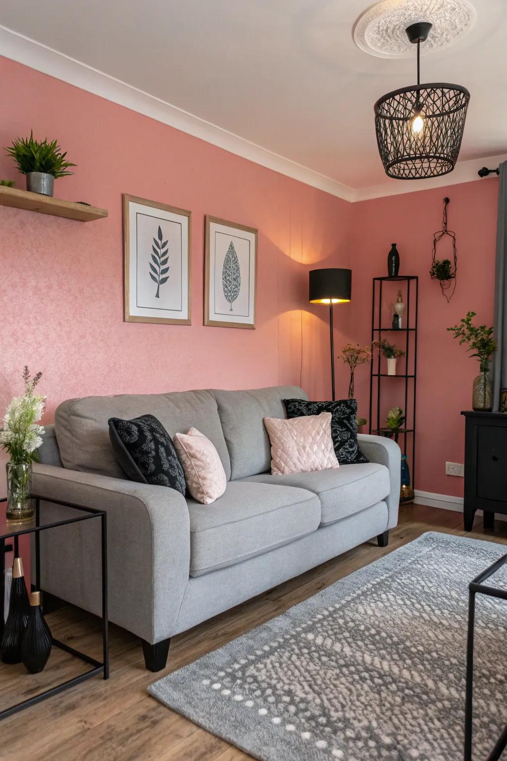 Pink accent wall energizes and defines the space.