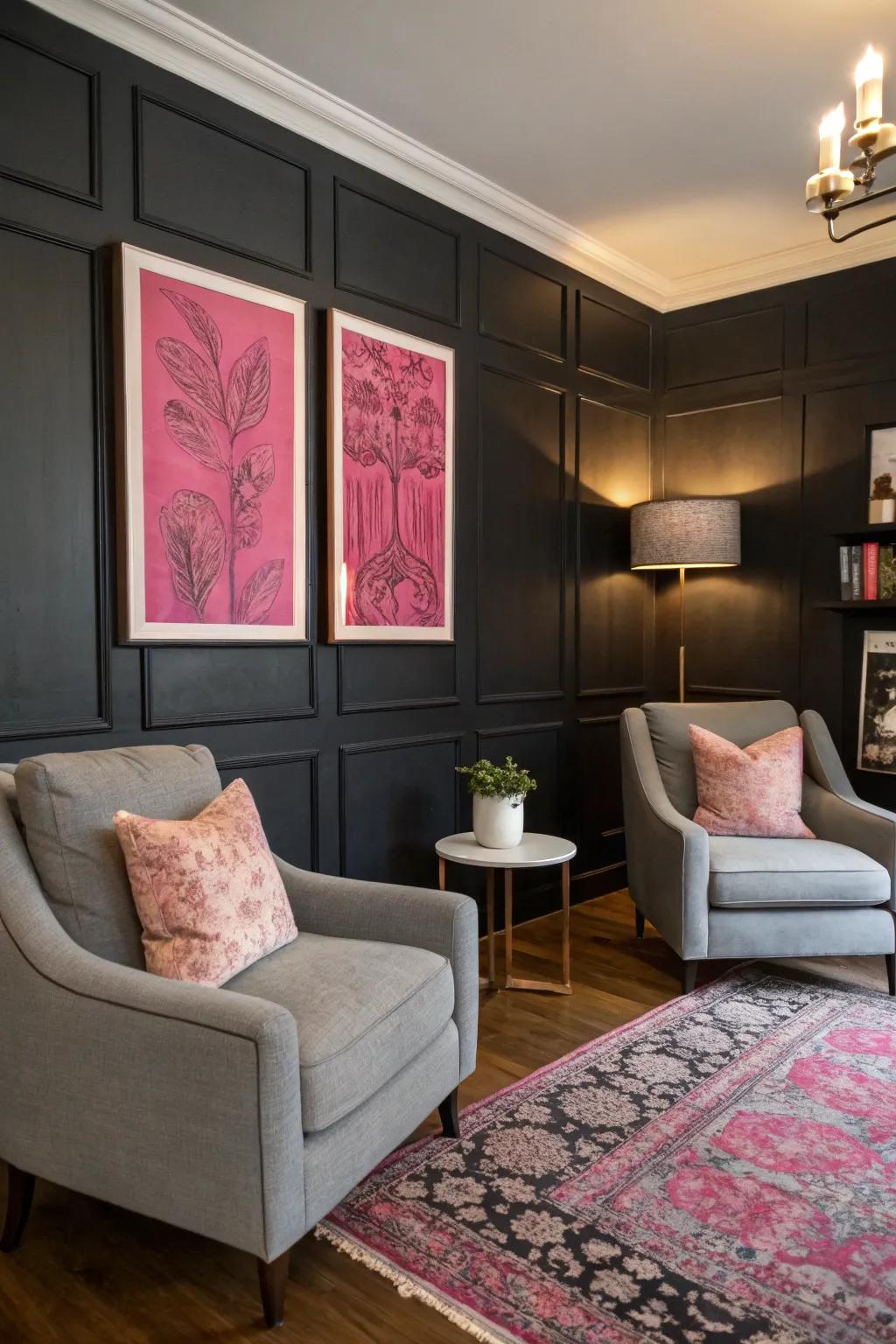 Black accent wall combined with pink artwork for style impact.
