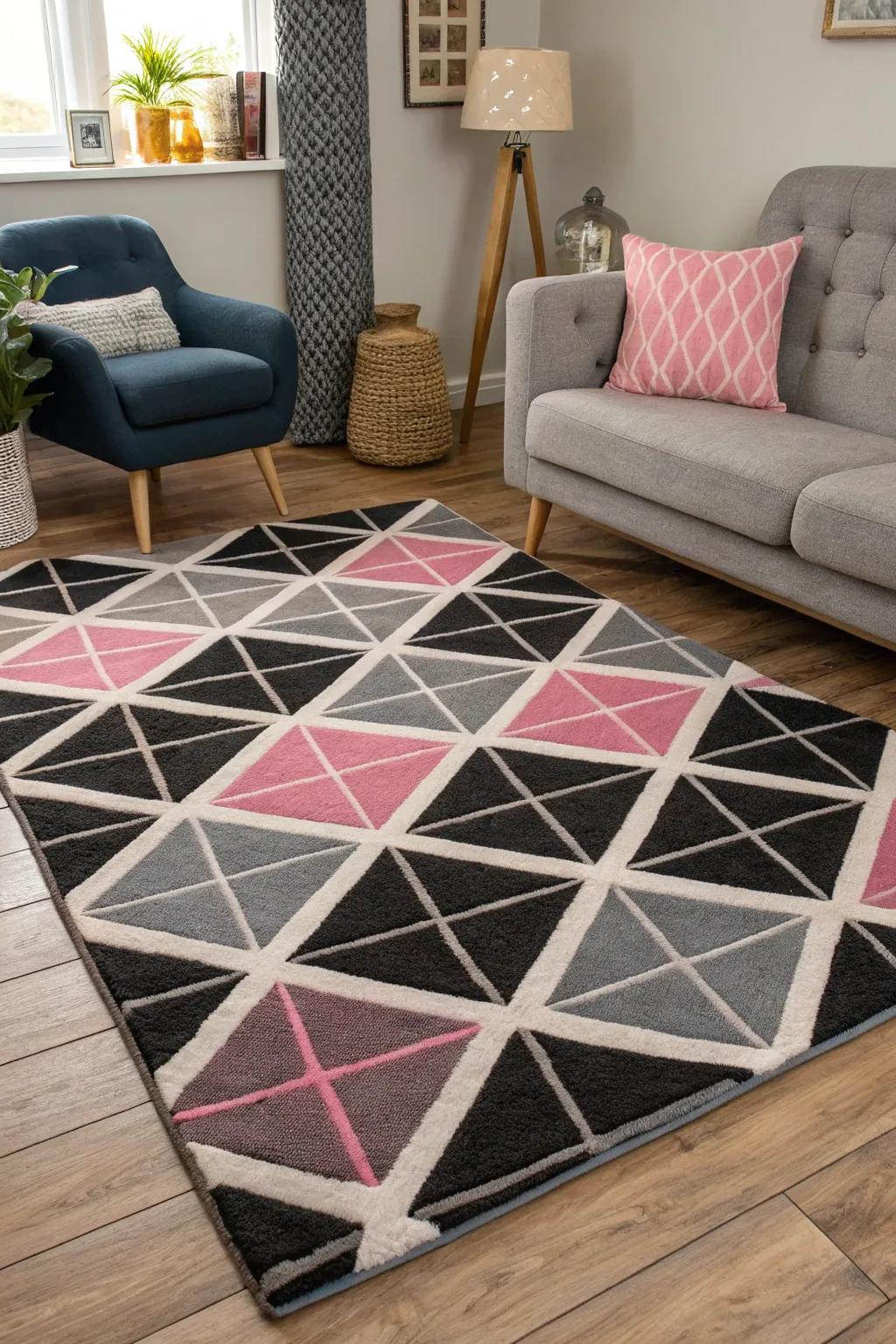 Geometric rug adds contemporary structure and style.