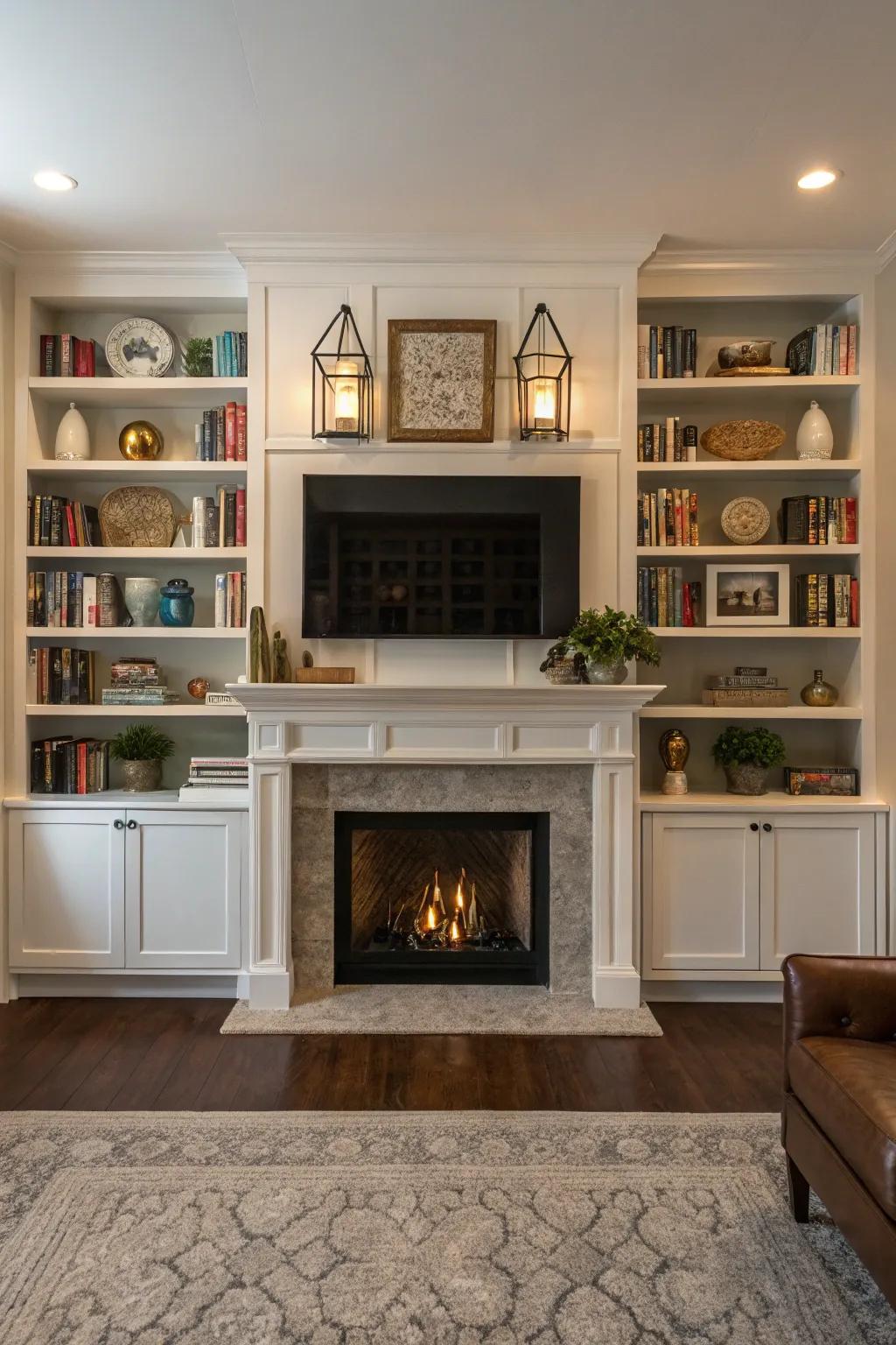 Evenly balanced shelving units flank the fireplace for harmony.