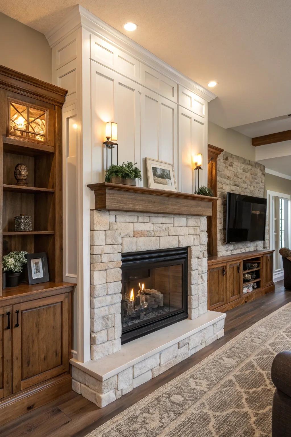 The blend of modern and vintage styles reinvents the fireplace focal point.