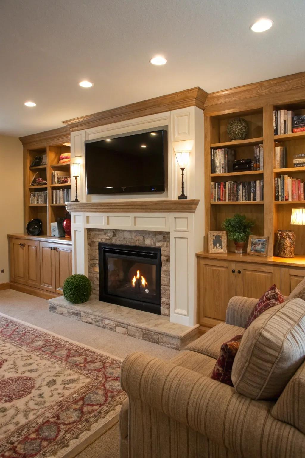 TV installation cleverly incorporated above the fireplace mantel.