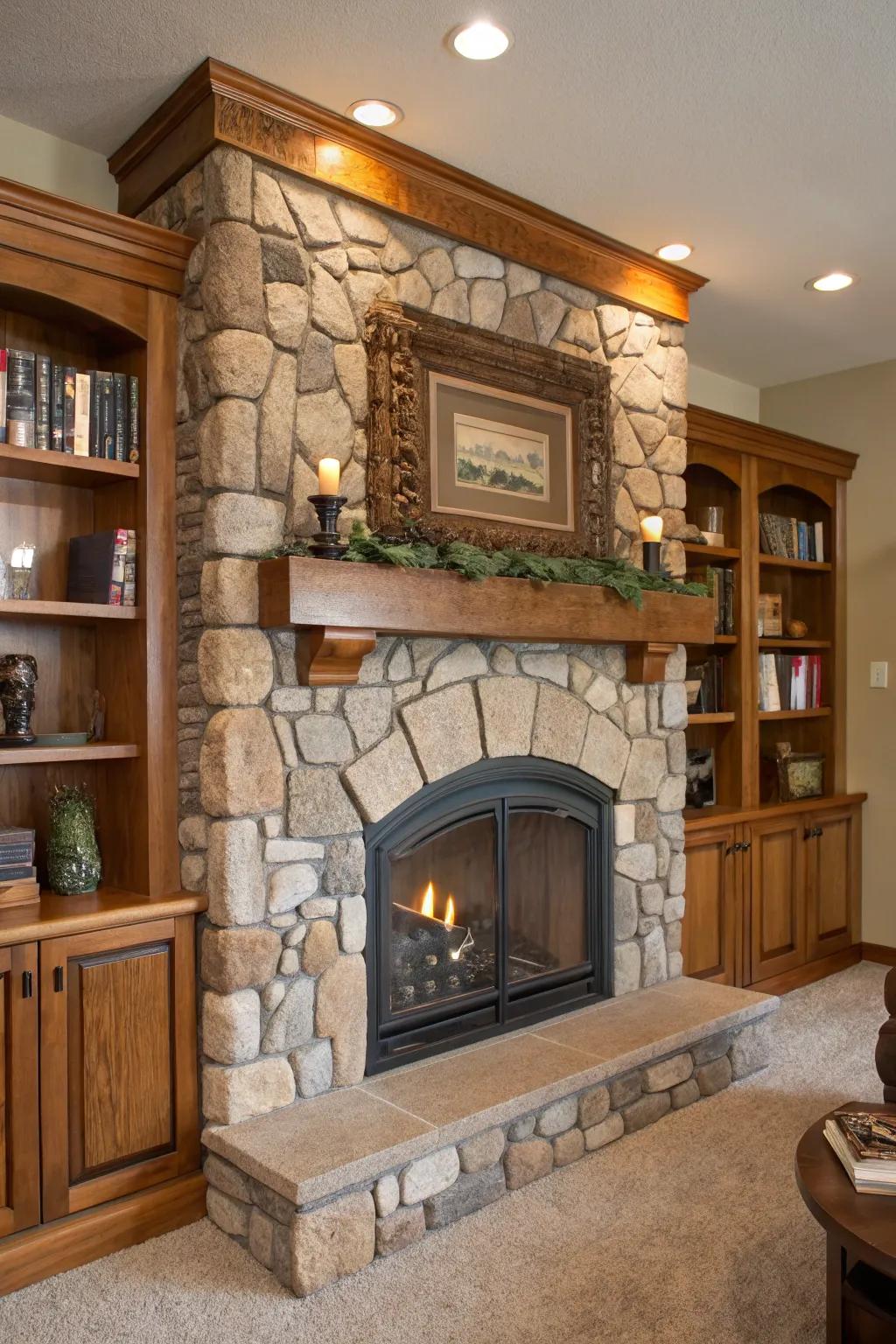 Stone and brick add tactile warmth to fireplace built-ins.