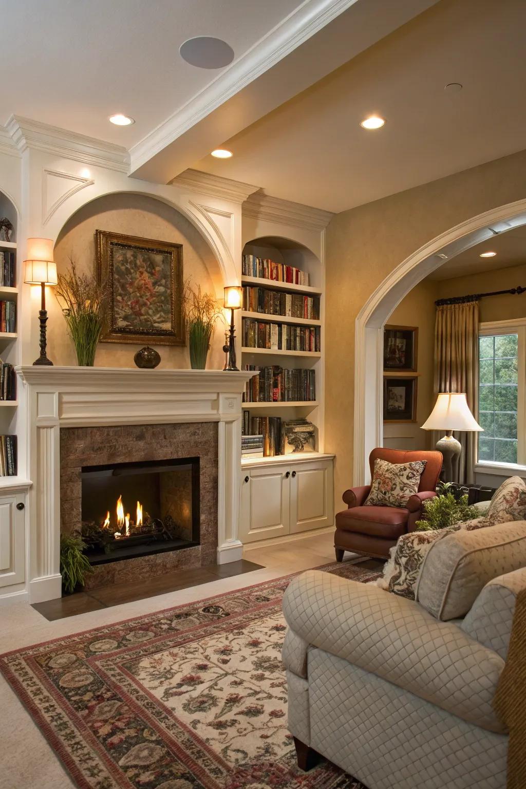 Curved arches soften the fireplace display with an elegant silhouette.