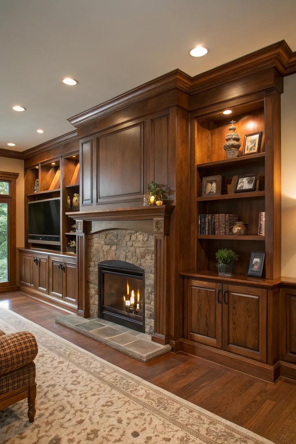 Dark wood finishes provide depth and a refined atmosphere.