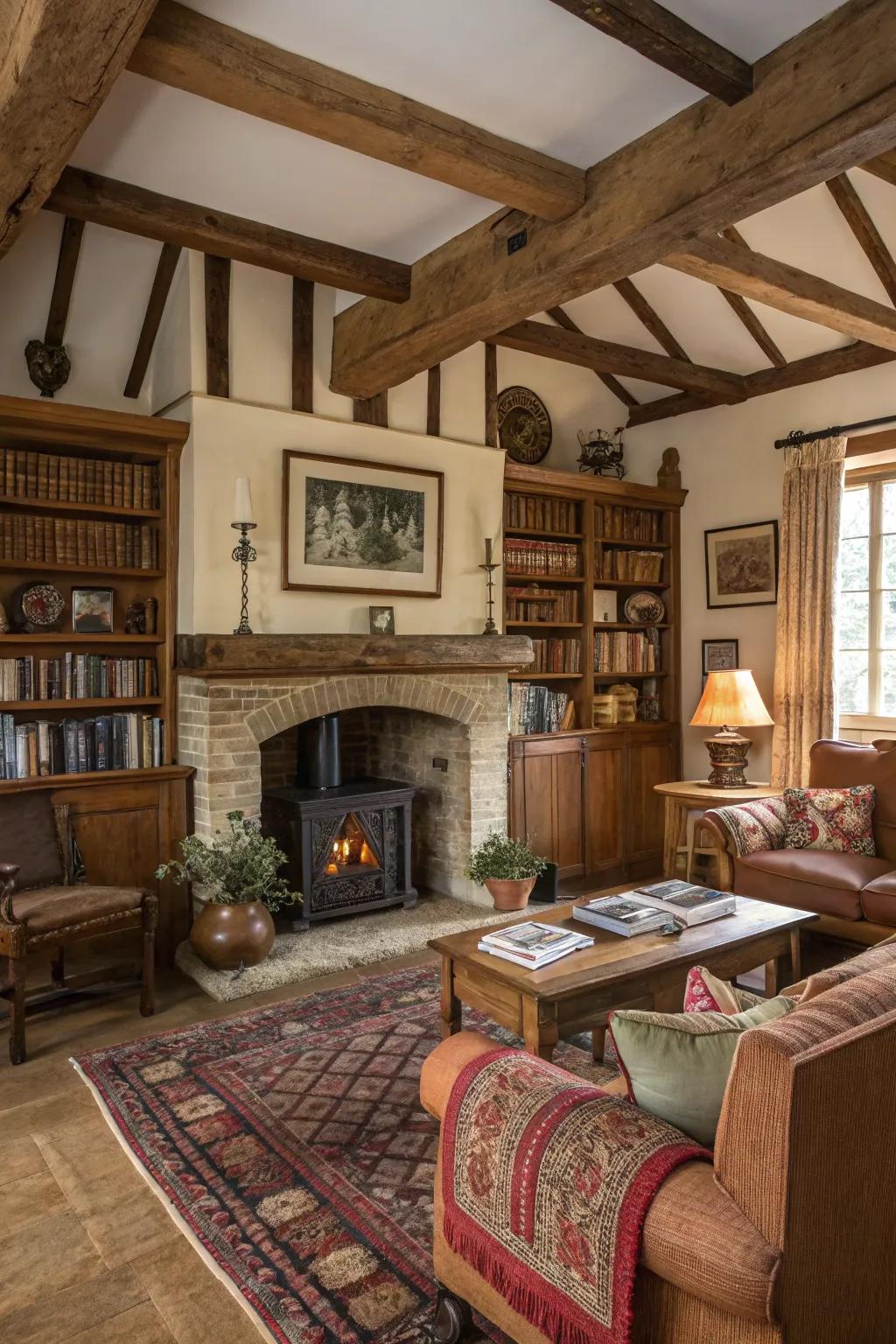 Rustic beams and accessories add warmth to the fireplace area.