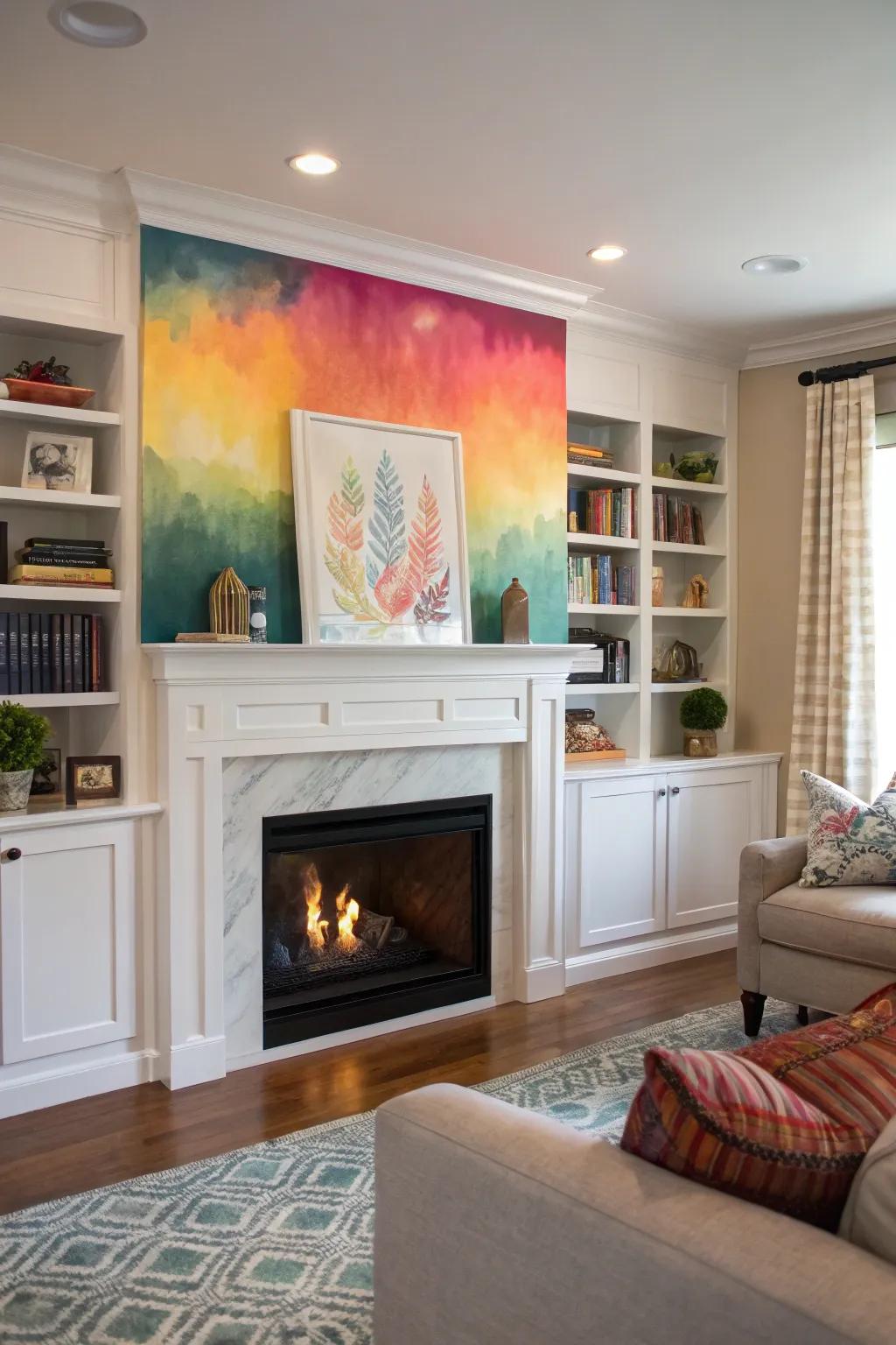 A bold accent paint energizes the built-in fireplace area.