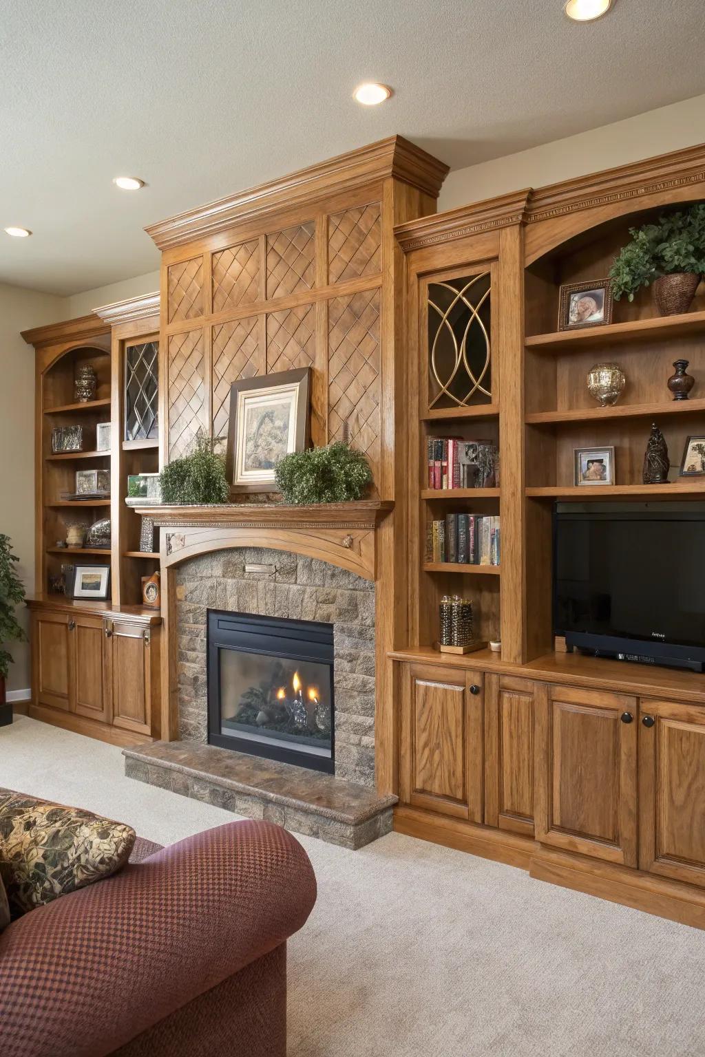 Distinctive craftsmanship in woodwork adds character.