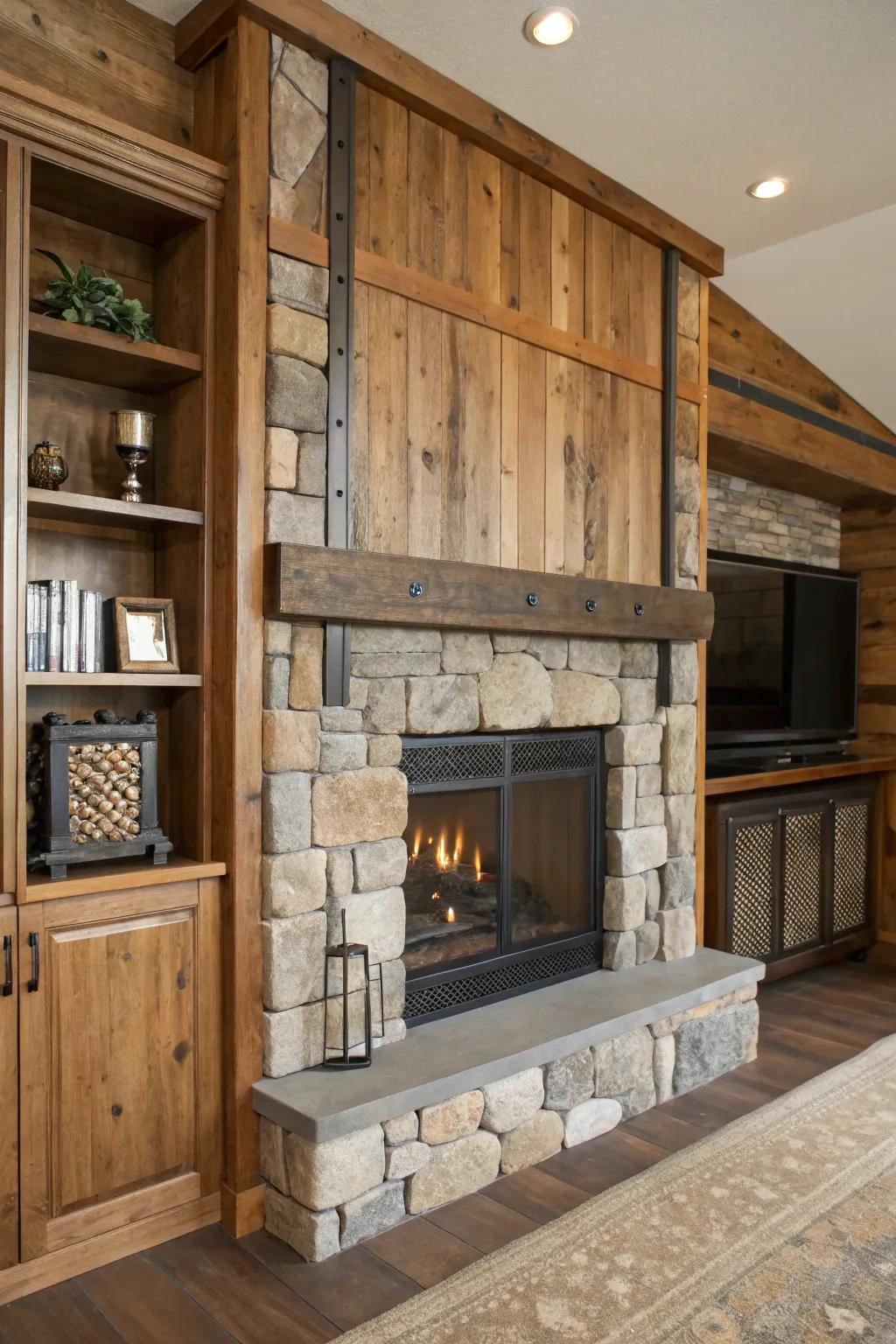Mixing wood, stone, and metal creates compelling fireplace built-ins.